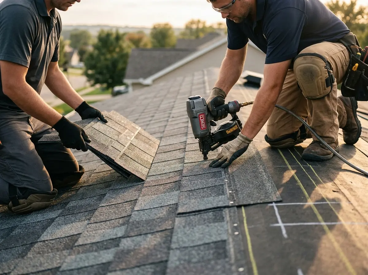 Professional roofer working on a residential roof in Billerica